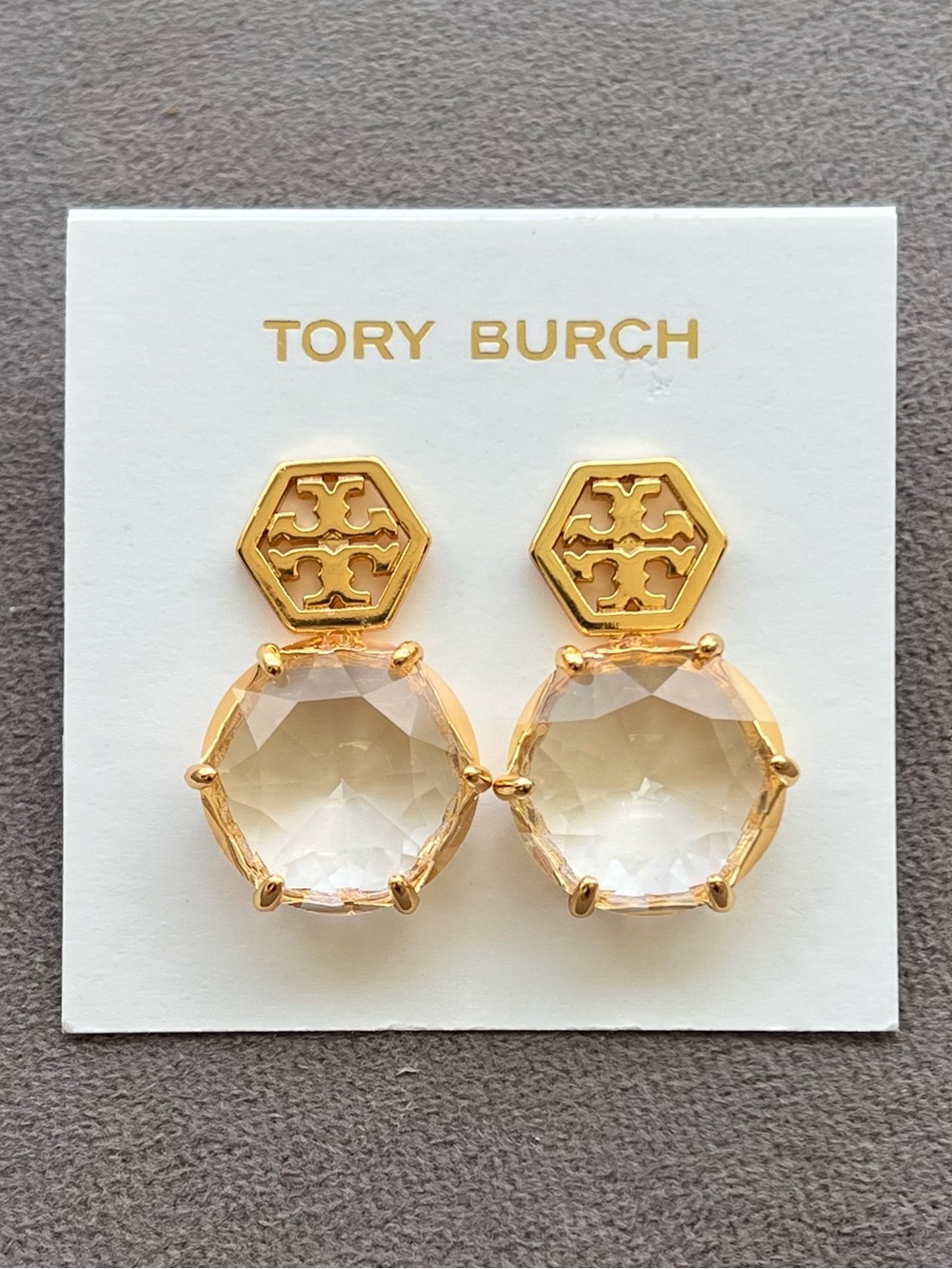 Tory Burch Gold-Tone Hexagon Logo Drop Earrings with Clear Faceted Stones